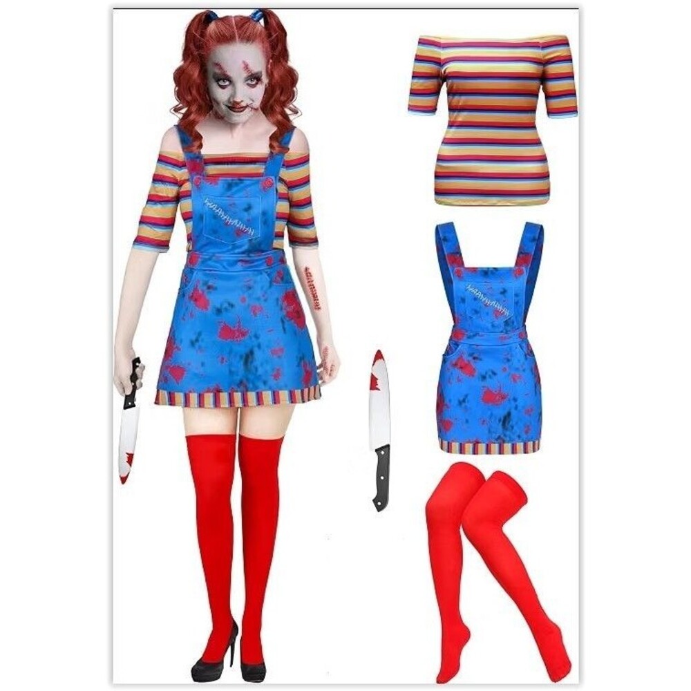 Women's Size Large- Killer Doll Halloween Dress Shirt Stockings Knife Set NEW